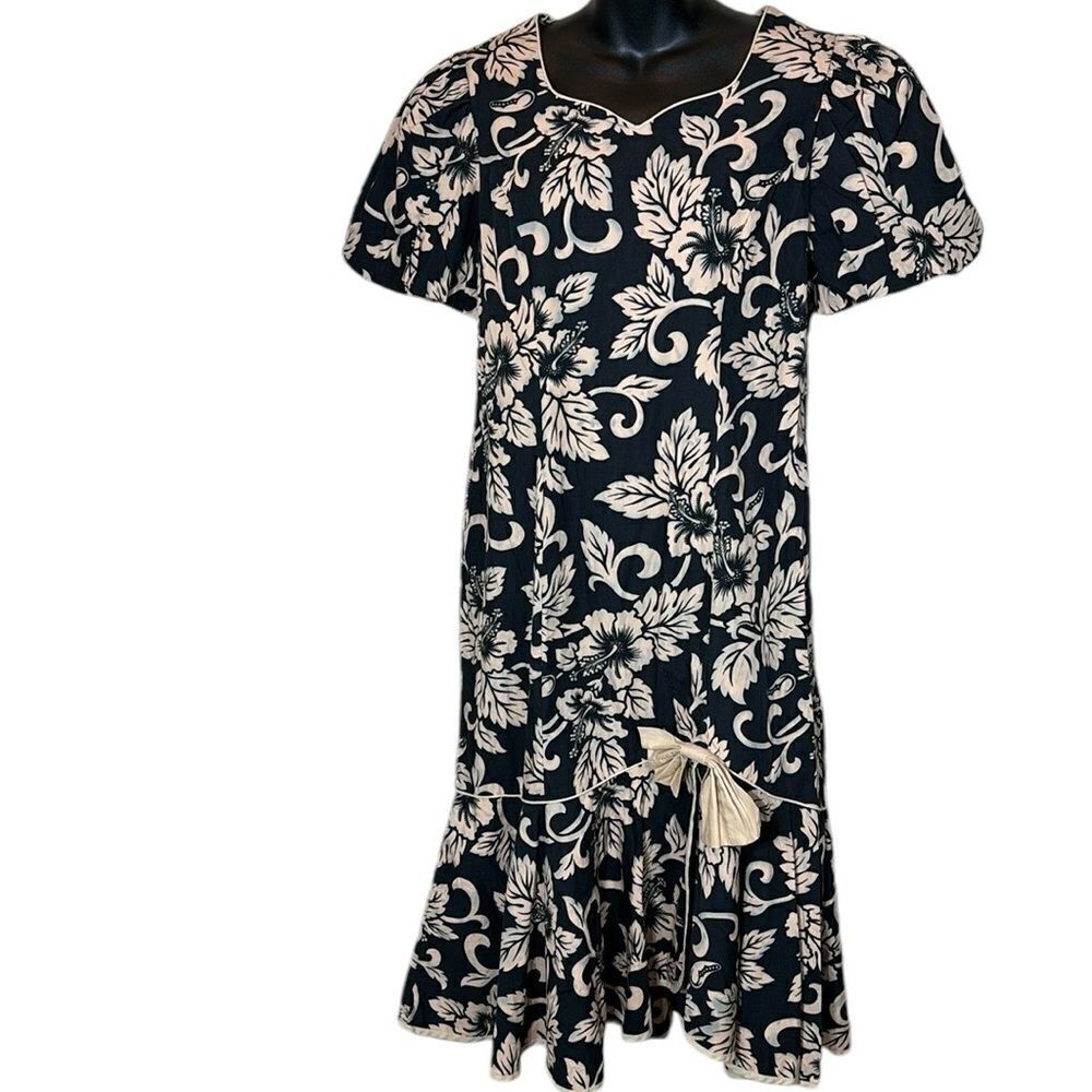 Vintage Hawaiian dress Shannon Marie luau midi bow‎ puff sleeve coquette